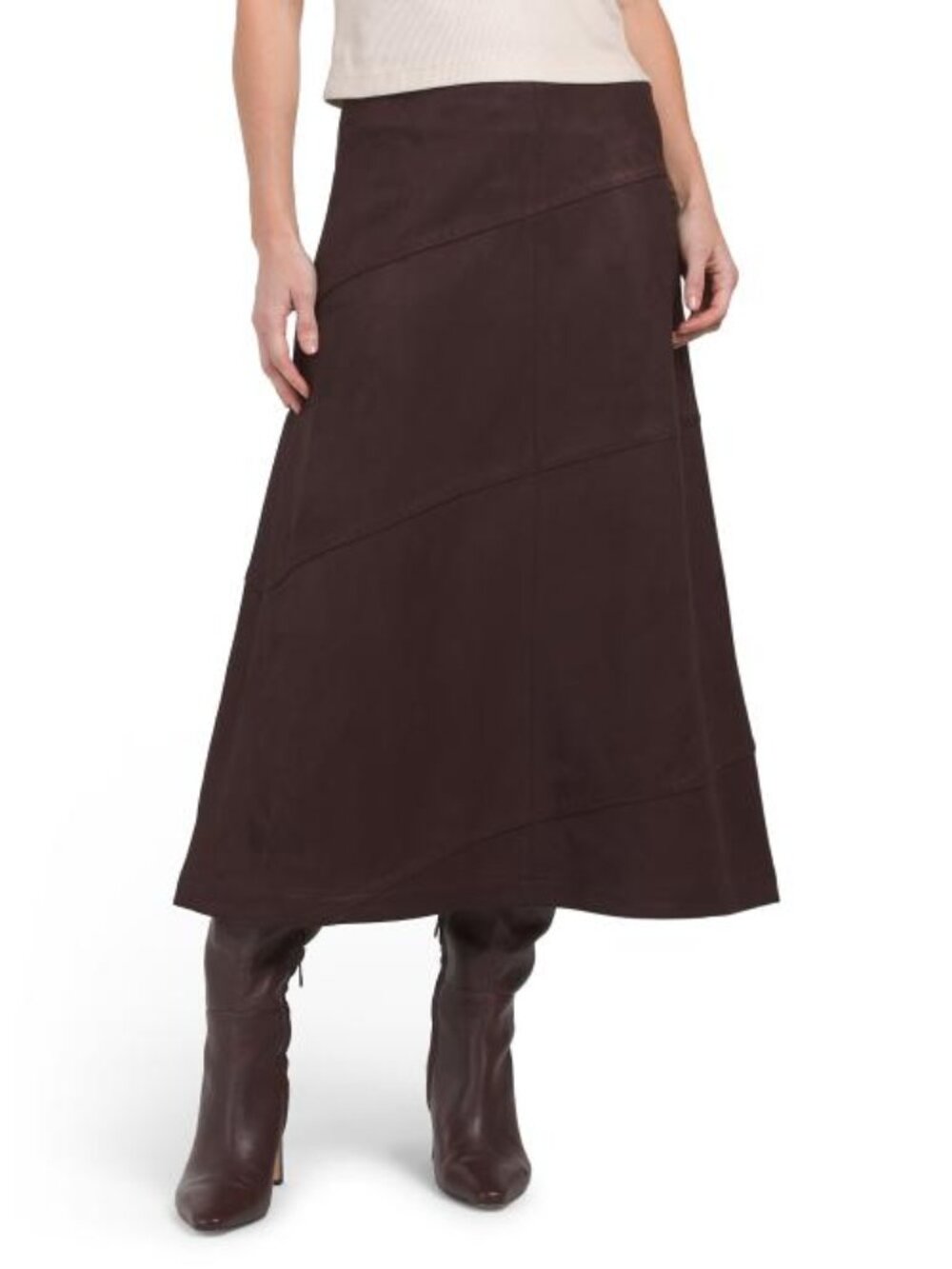 ELIE TAHARI A Line Midi Pieced Faux Suede Skirt